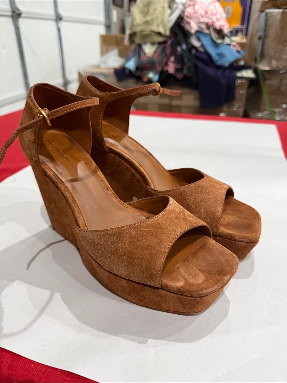 Reformation Suede Platform Wedge Sandals in Brown
